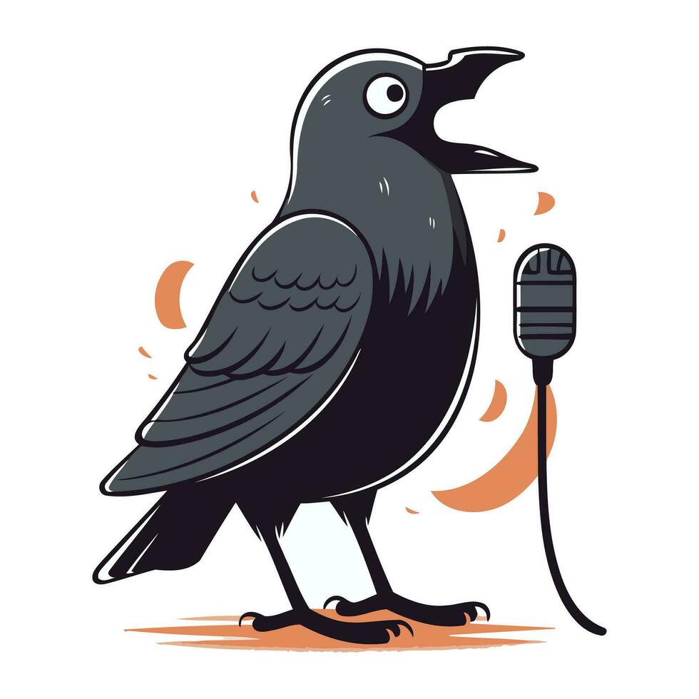 cuervo canto dentro un micrófono. vector ilustración en dibujos animados estilo.