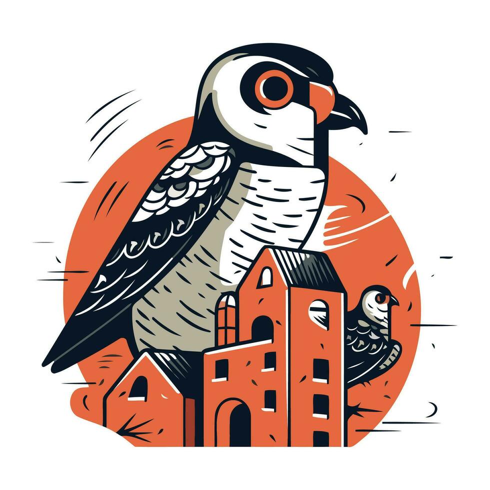 Vector illustration of a bird on the background of the city. Flat style.