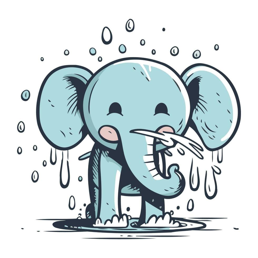 linda dibujos animados elefante en lluvia. vector ilustración en blanco antecedentes.