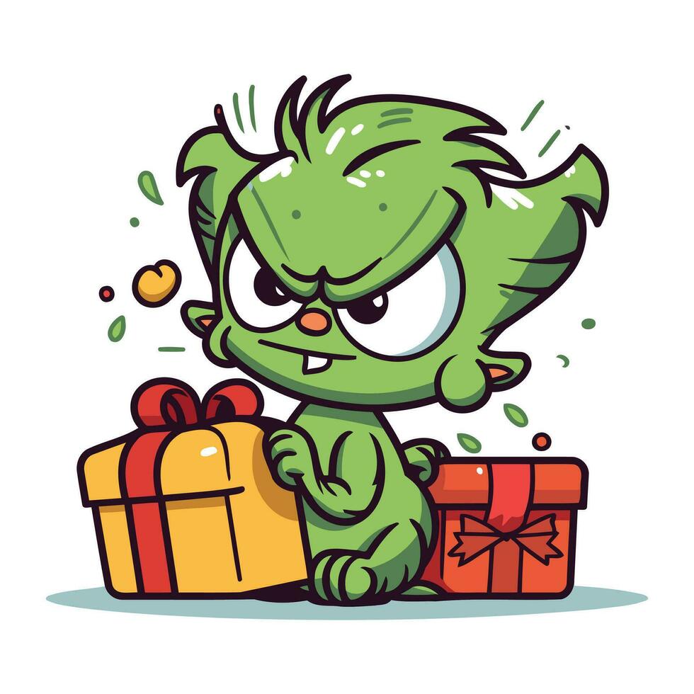 ilustración de un linda pequeño verde monstruo con un regalo caja. vector