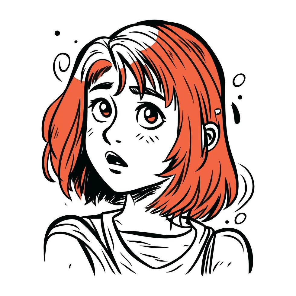 Vector illustration of a young woman in comics style. Girl with red hair.