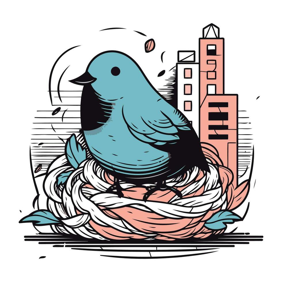 vector illustration of a bird in the nest on a city background.
