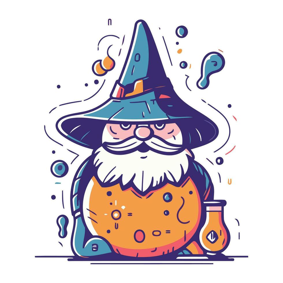 Cartoon illustration of a wizard with a magic potion. Vector illustration.