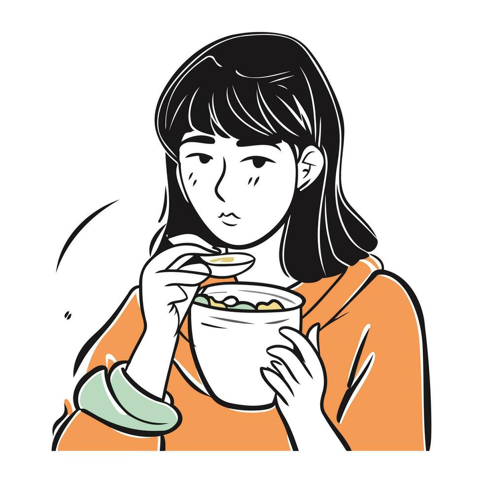 Illustration of a woman eating a bowl of cereals. Vector illustration.