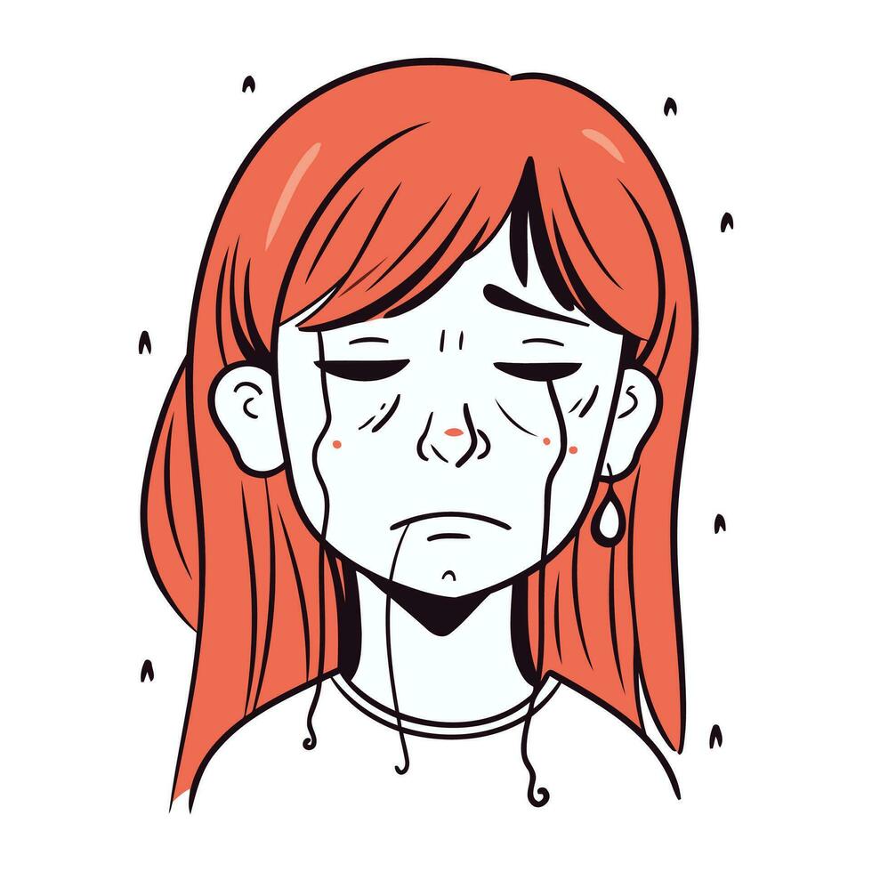 Illustration of a girl with red hair crying. Vector illustration.