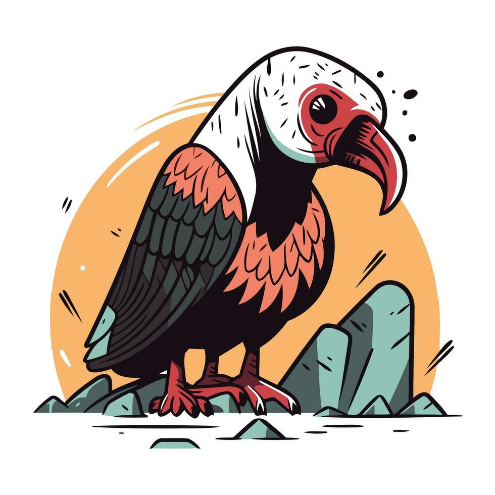 Vulture on the rock. Vector illustration. Hand drawn sketch.