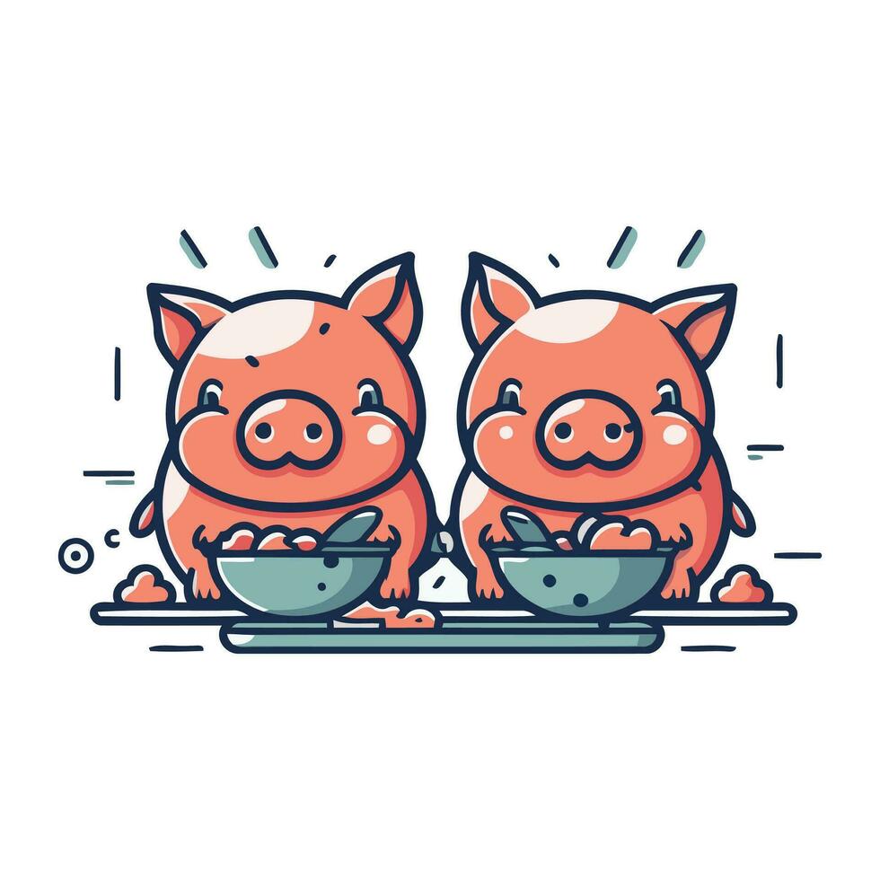 Vector illustration of two cute pigs with bowl of porridge. Cute cartoon pig.