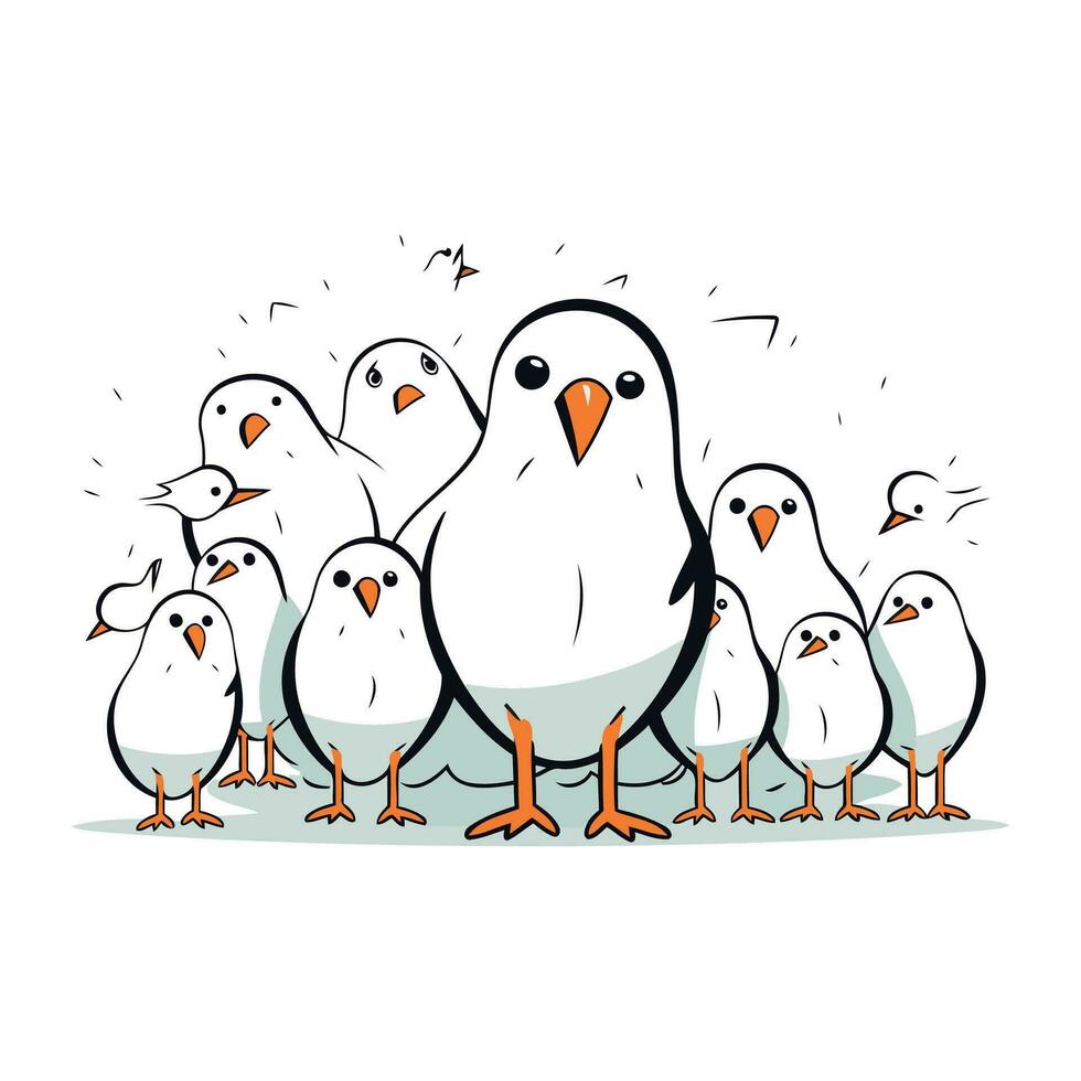 Vector illustration of a group of white birds. Hand drawn cartoon style.
