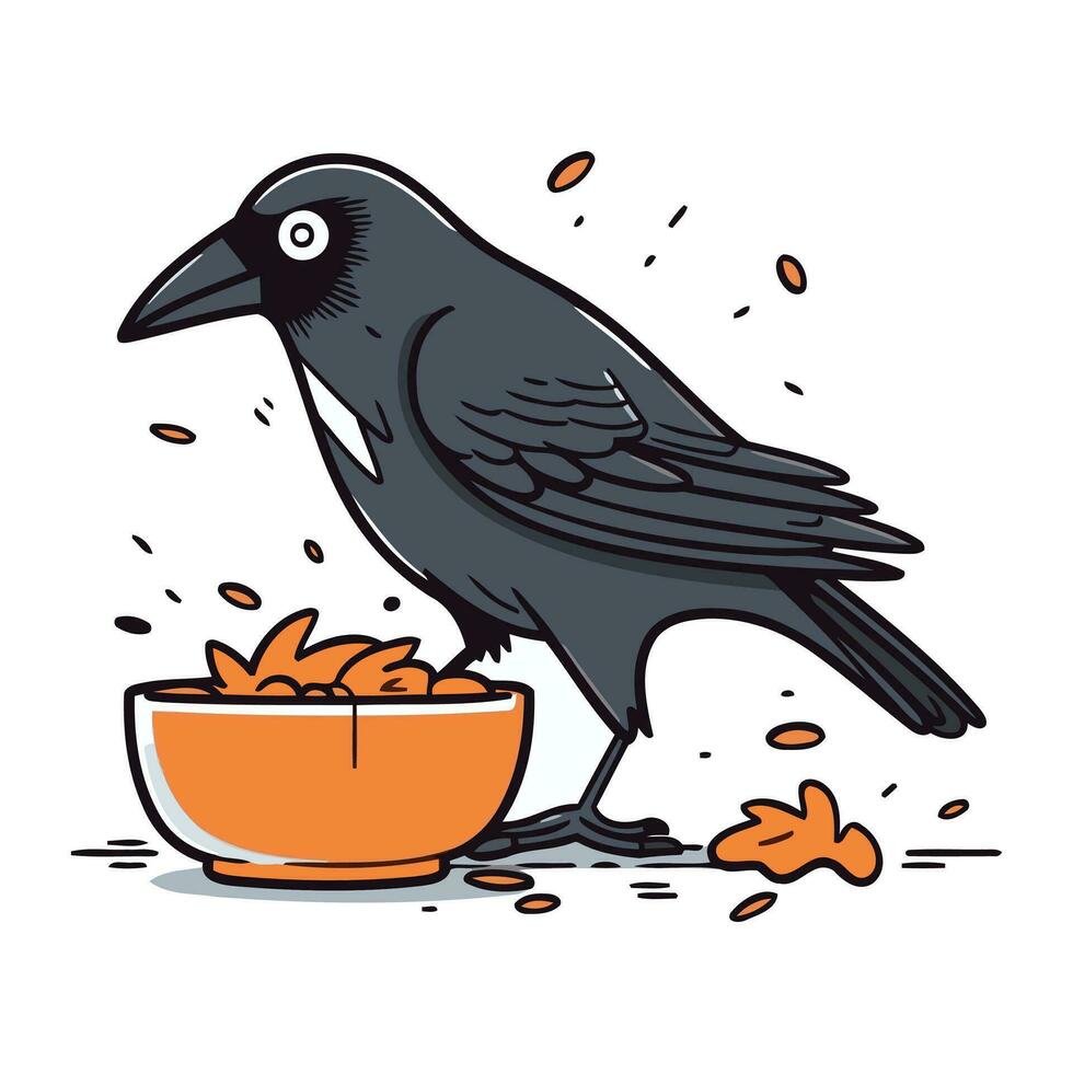 Crow and bowl of food. Vector illustration in doodle style.
