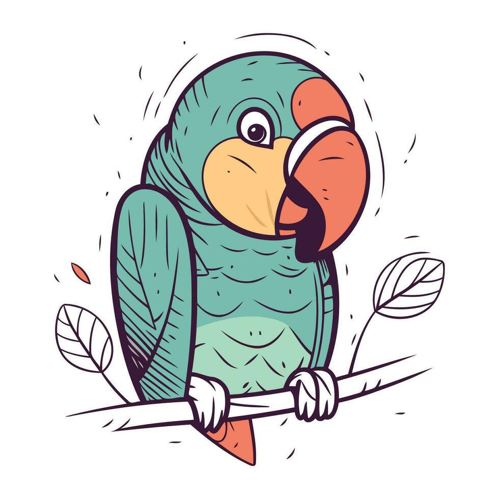 Cute cartoon parrot sitting on a branch. Vector illustration.