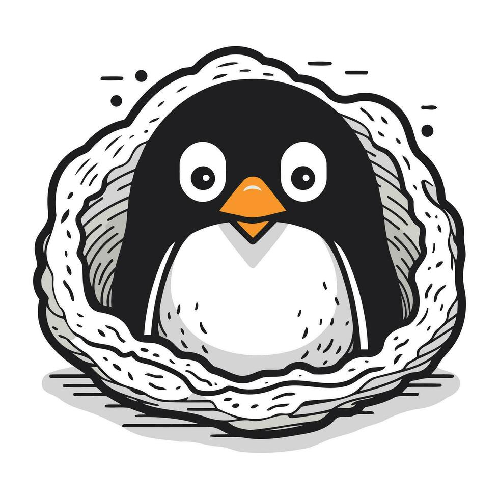 Cute penguin in a nest. Hand drawn vector illustration.