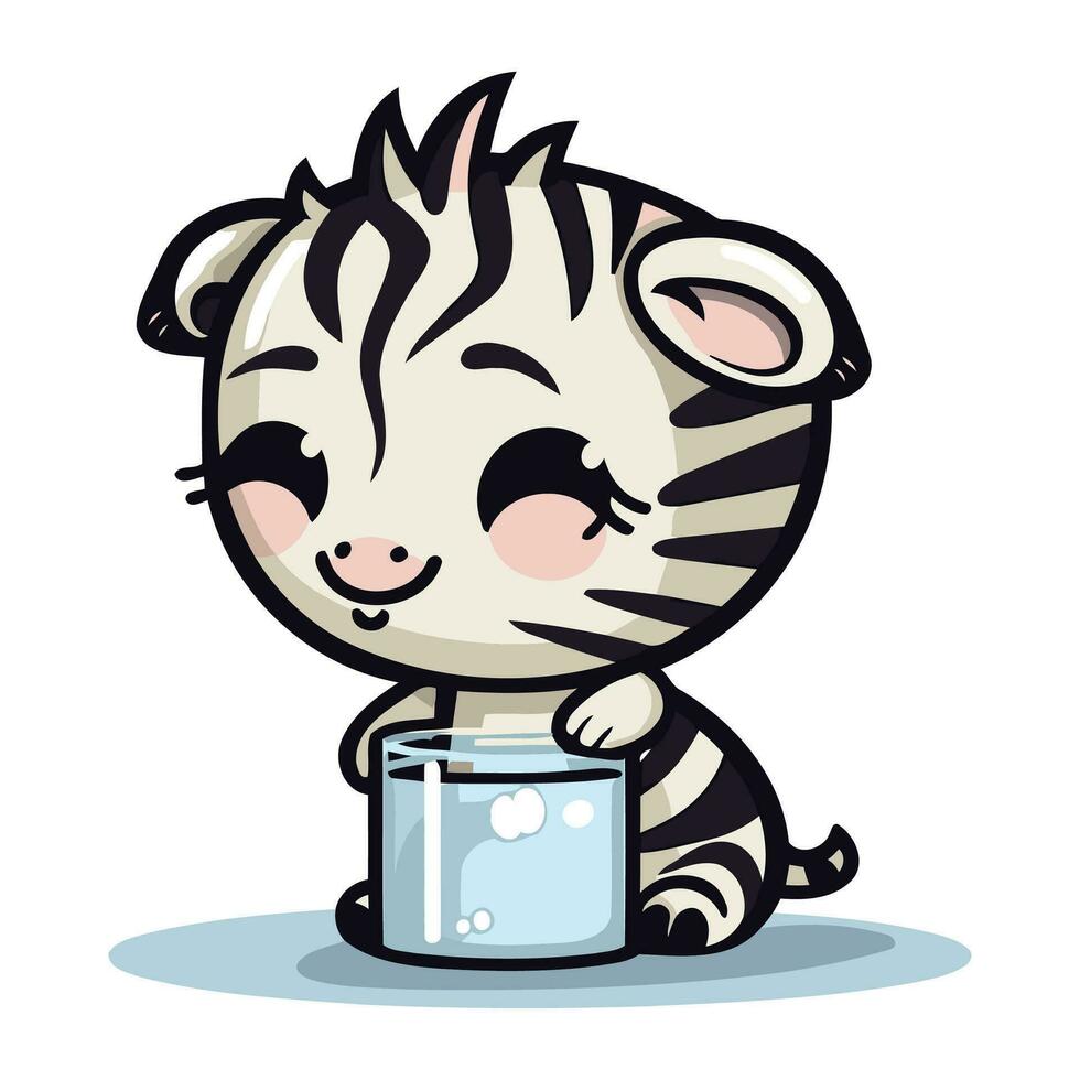 Cute zebra with a glass of water. Vector illustration.