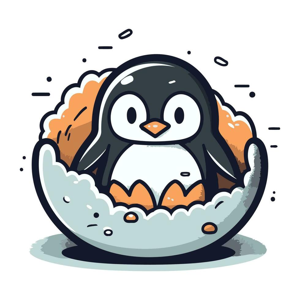 Cute cartoon penguin in egg. Vector illustration on white background.