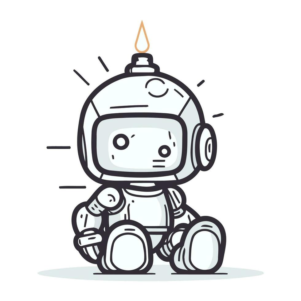 Cute robot holding a lightbulb. Cartoon vector illustration.