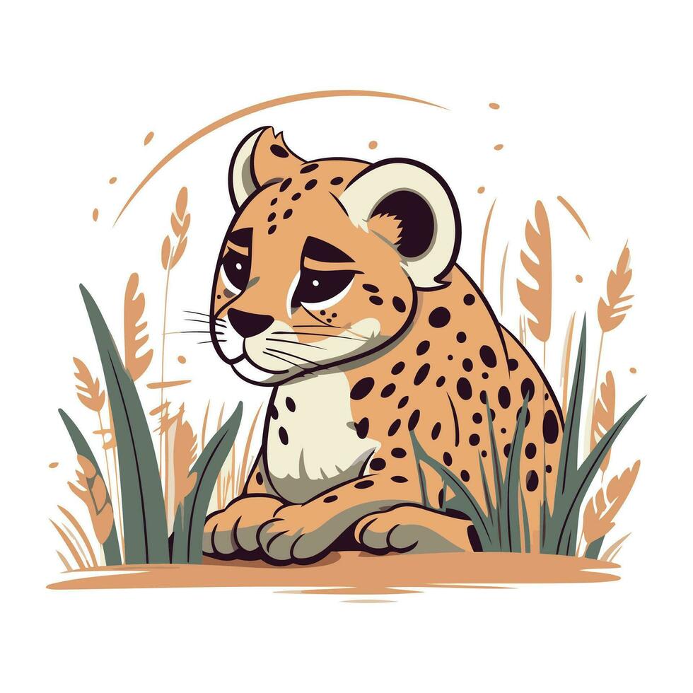 dibujos animados leopardo sentado en el césped. vector ilustración.