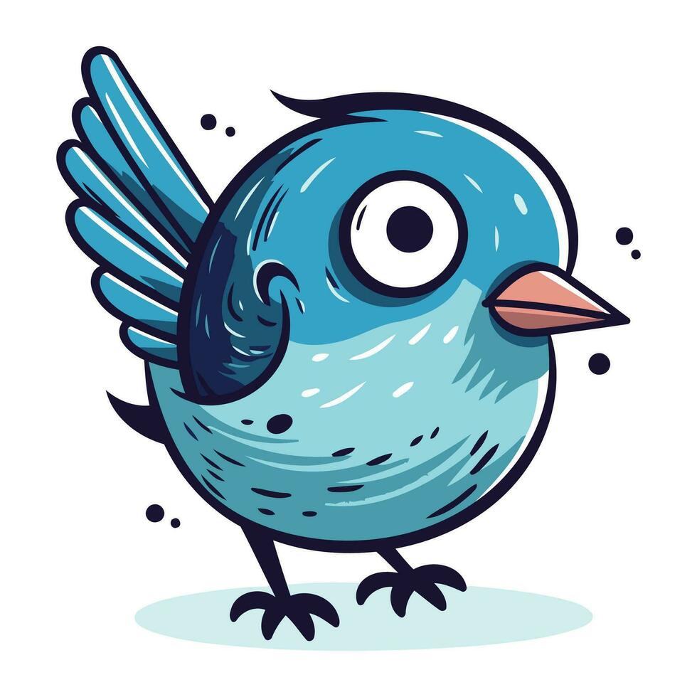 Cute cartoon blue bird. Vector illustration isolated on white background.