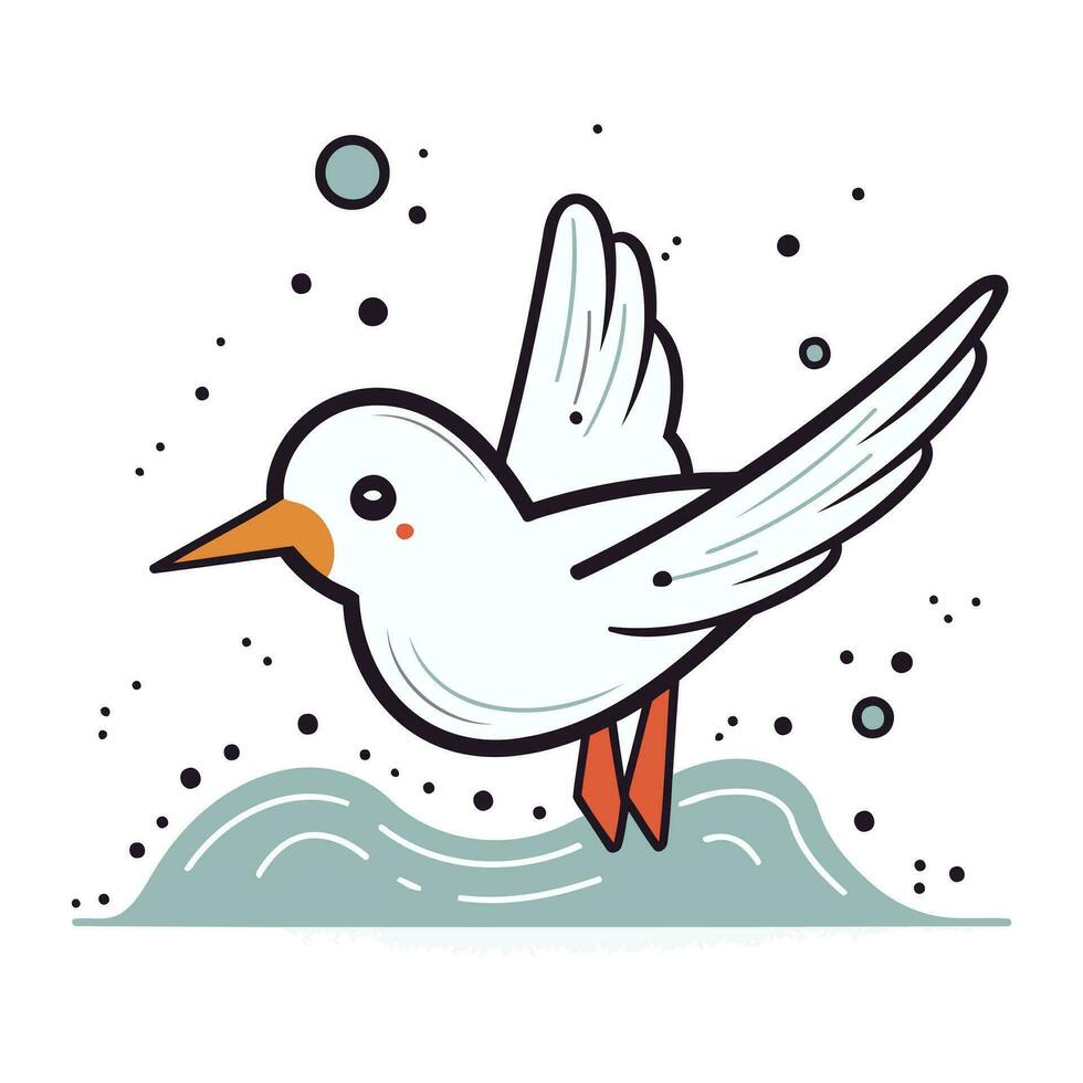 Seagull flying on the waves. Vector illustration in flat style.