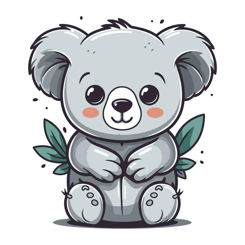 Cute cartoon koala sitting with green leaves. Vector illustration.