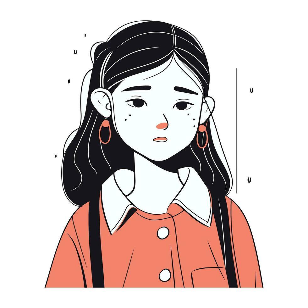 Vector illustration of a sad girl in a red jacket. Isolated on white background.