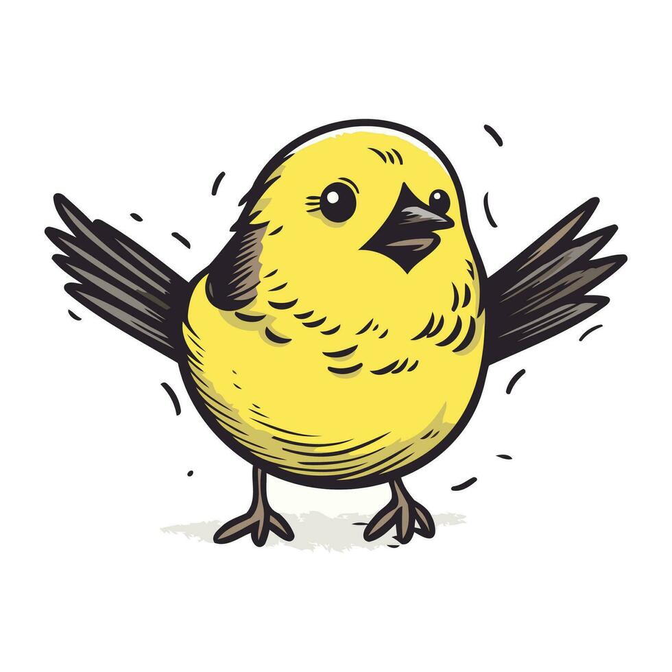 Cute little yellow bird on white background. Vector illustration in sketch style.