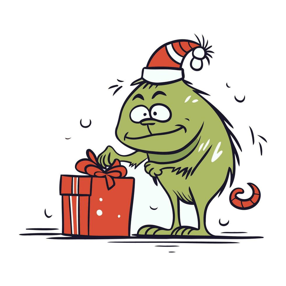 Cartoon monster with christmas present. Vector illustration of funny monster.
