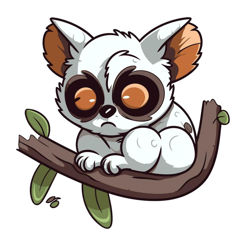 Cute cartoon lemur on a tree branch. Vector illustration.