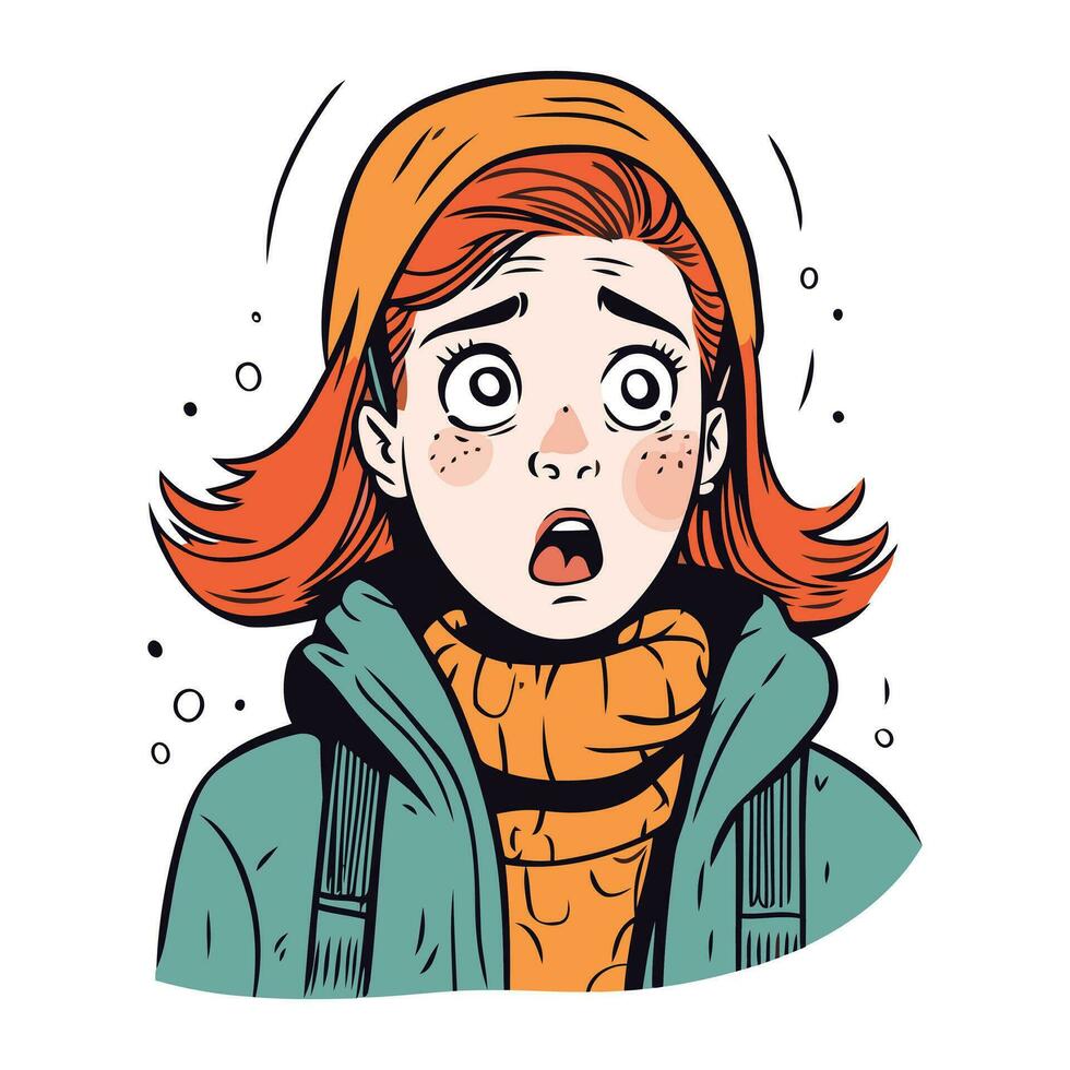 Surprised young woman in winter clothes. Vector illustration in cartoon style.