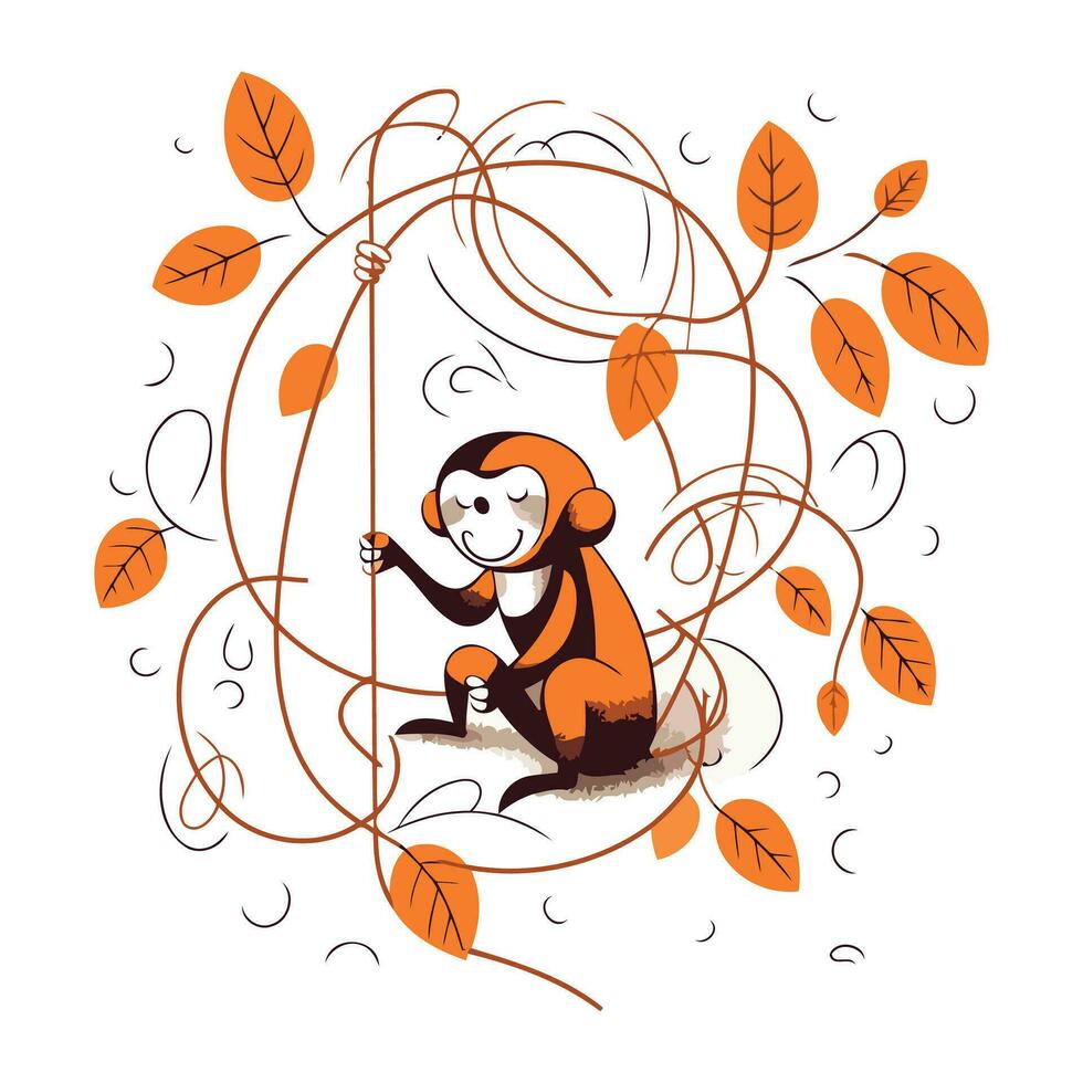 Cute monkey sits on a branch of an autumn tree. Vector illustration.