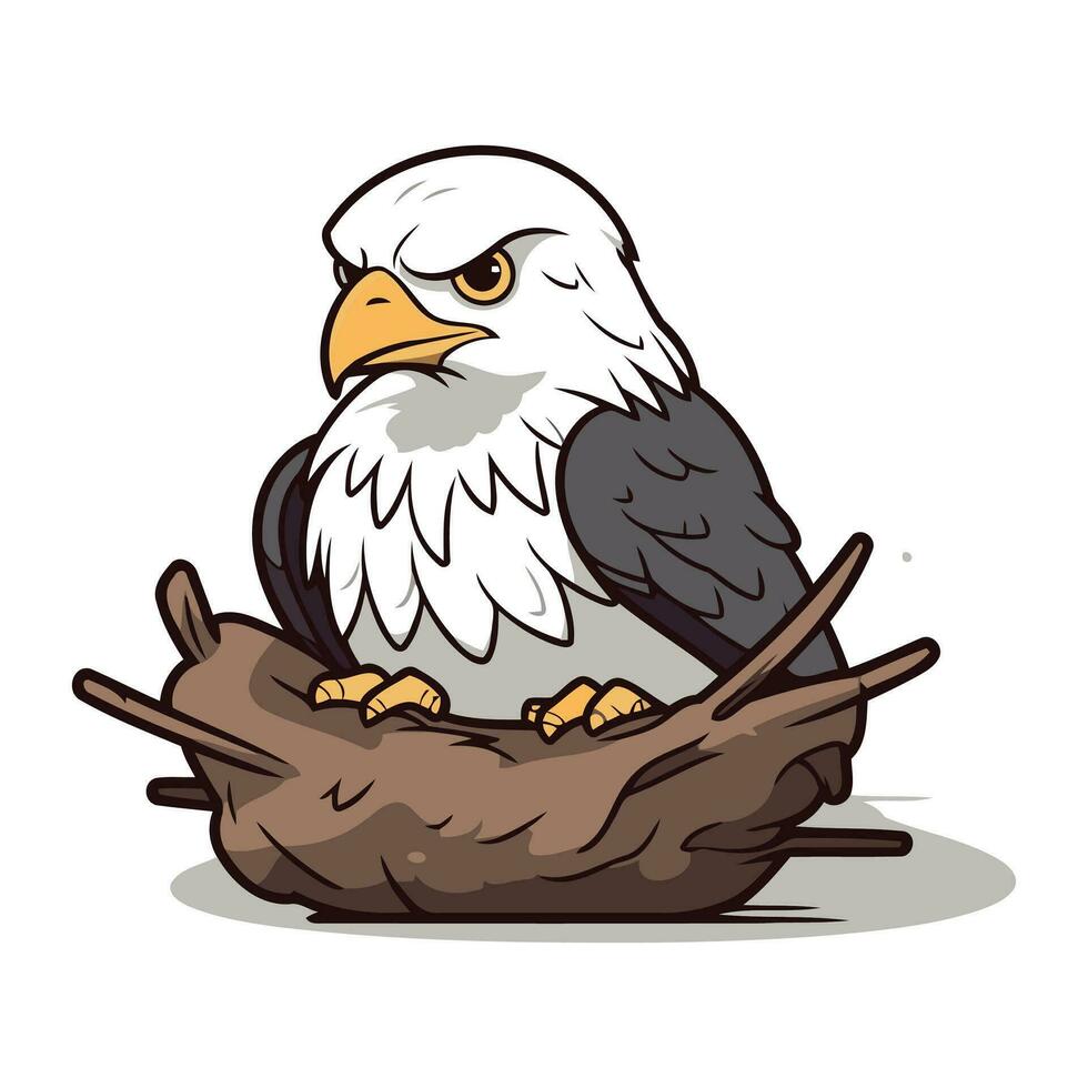 Eagle sitting in the nest. Cartoon style. Vector illustration.