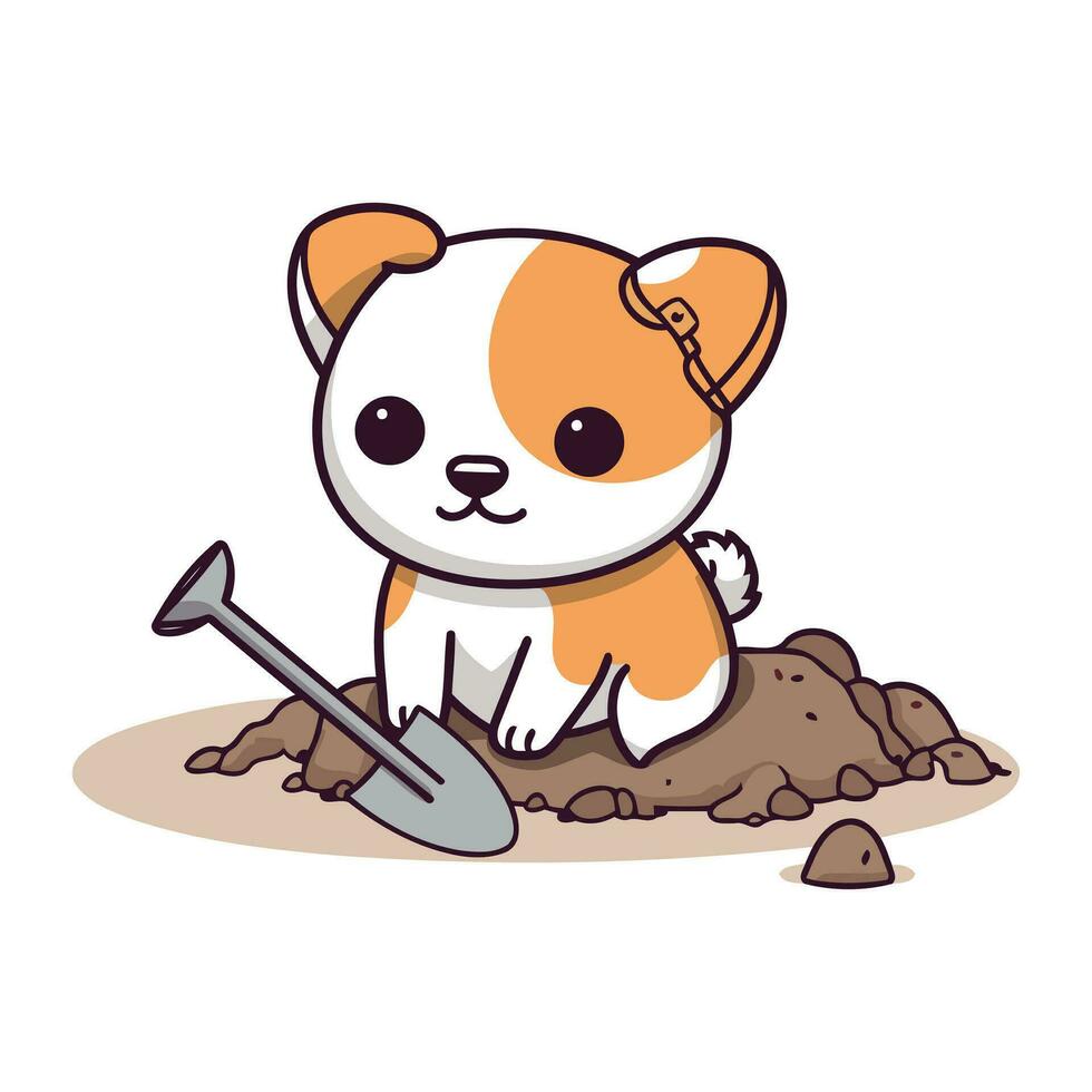 Cute dog digging a hole in the ground. Vector illustration.