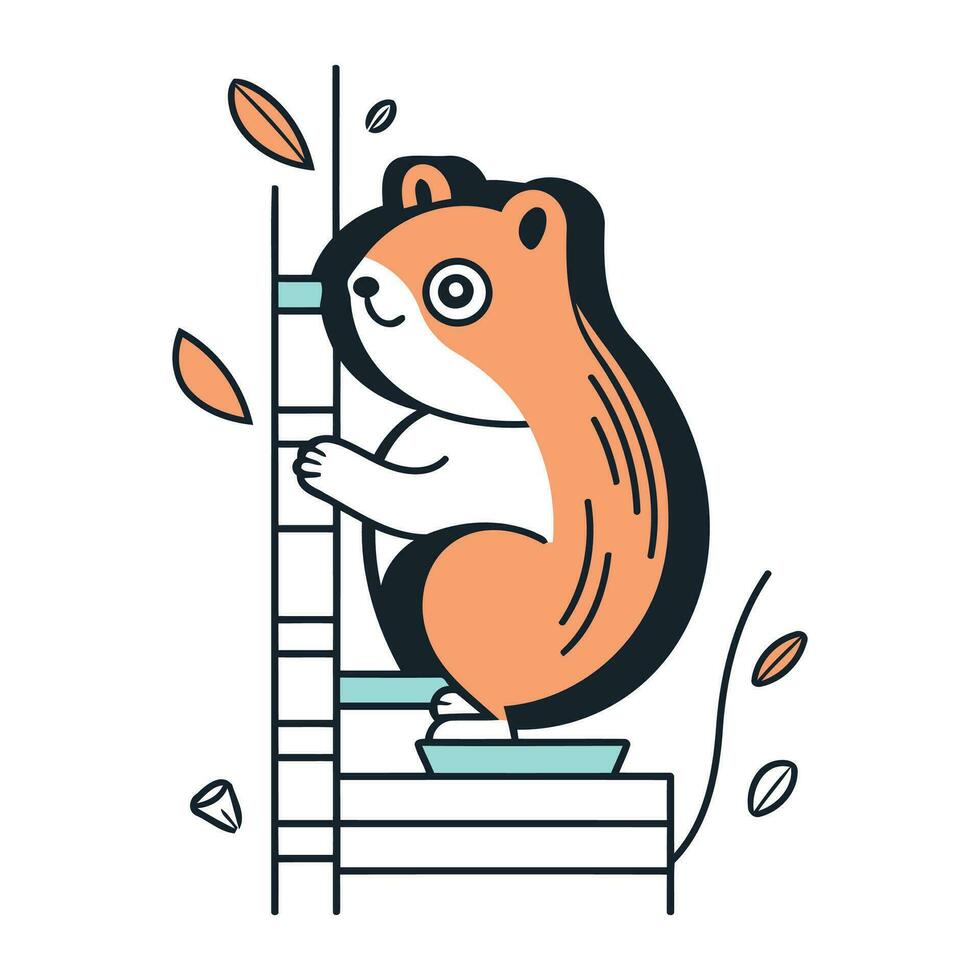 Cute squirrel climbing a ladder. Vector illustration in flat style.