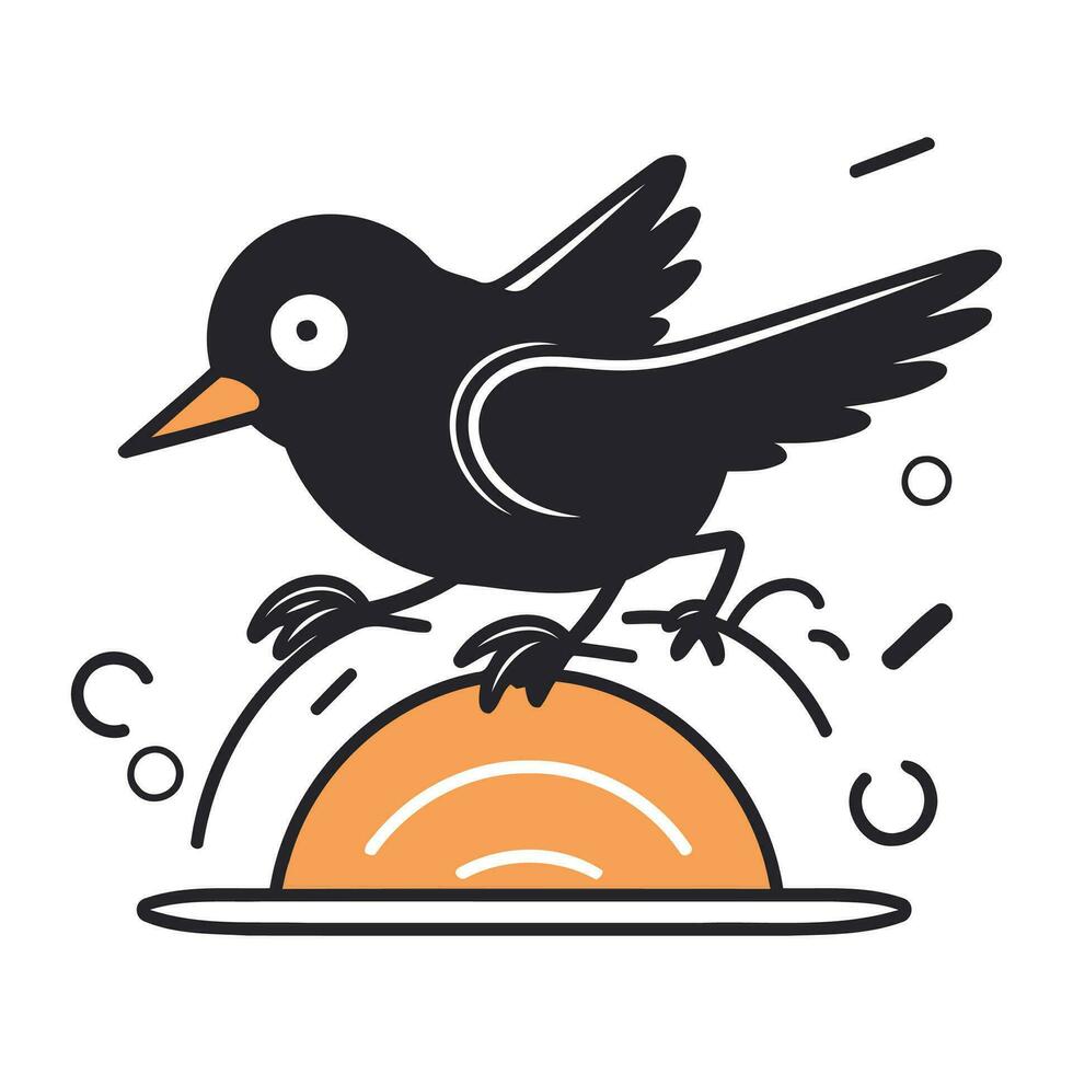 Cute black bird flying on the dome. Vector illustration in flat style.