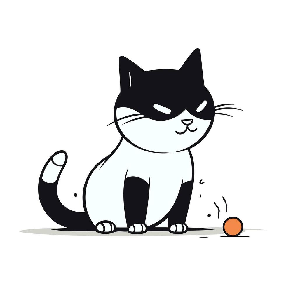 Black cat with a ball on a white background. Vector illustration.