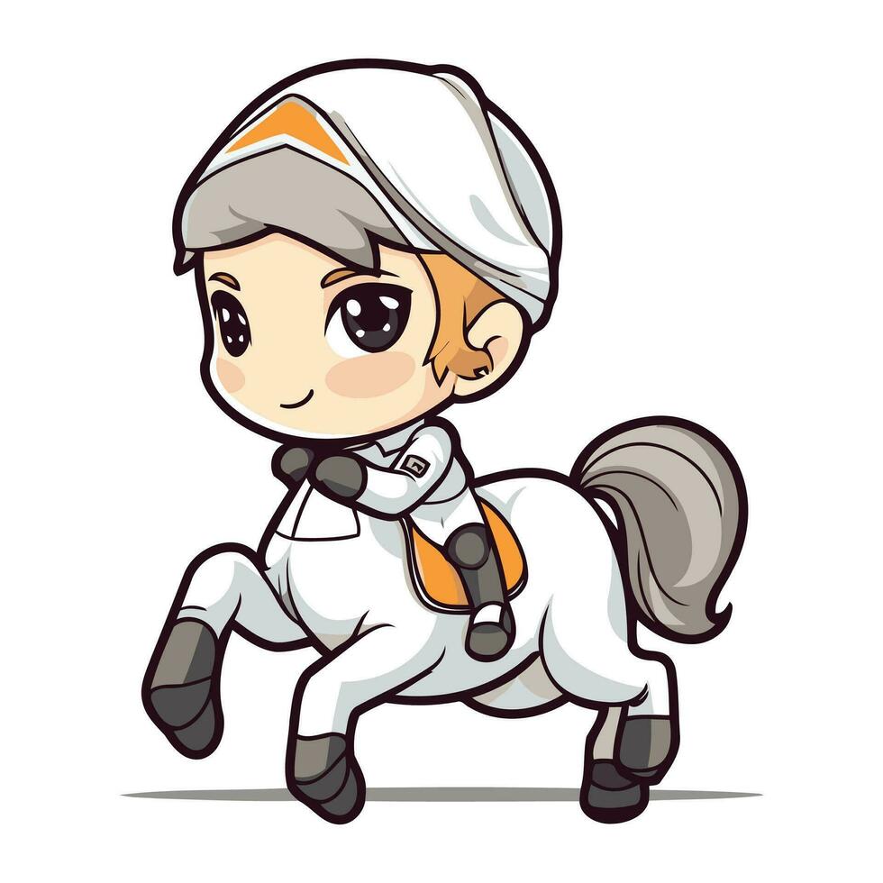 Cute cartoon little girl riding a white pony. Vector illustration.
