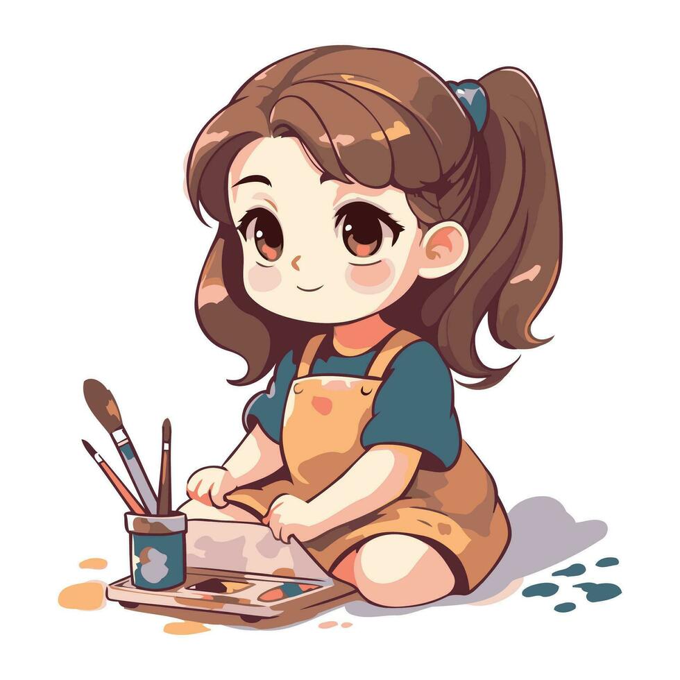 Cute little girl painting with brush and palette. Vector illustration.