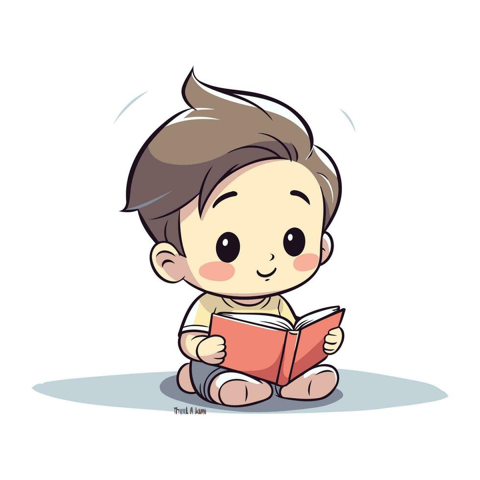 Cute little boy reading a book isolated on white background. Vector illustration.