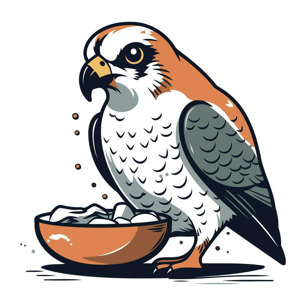 Falcon with bowl of ice isolated on white background. Vector illustration.