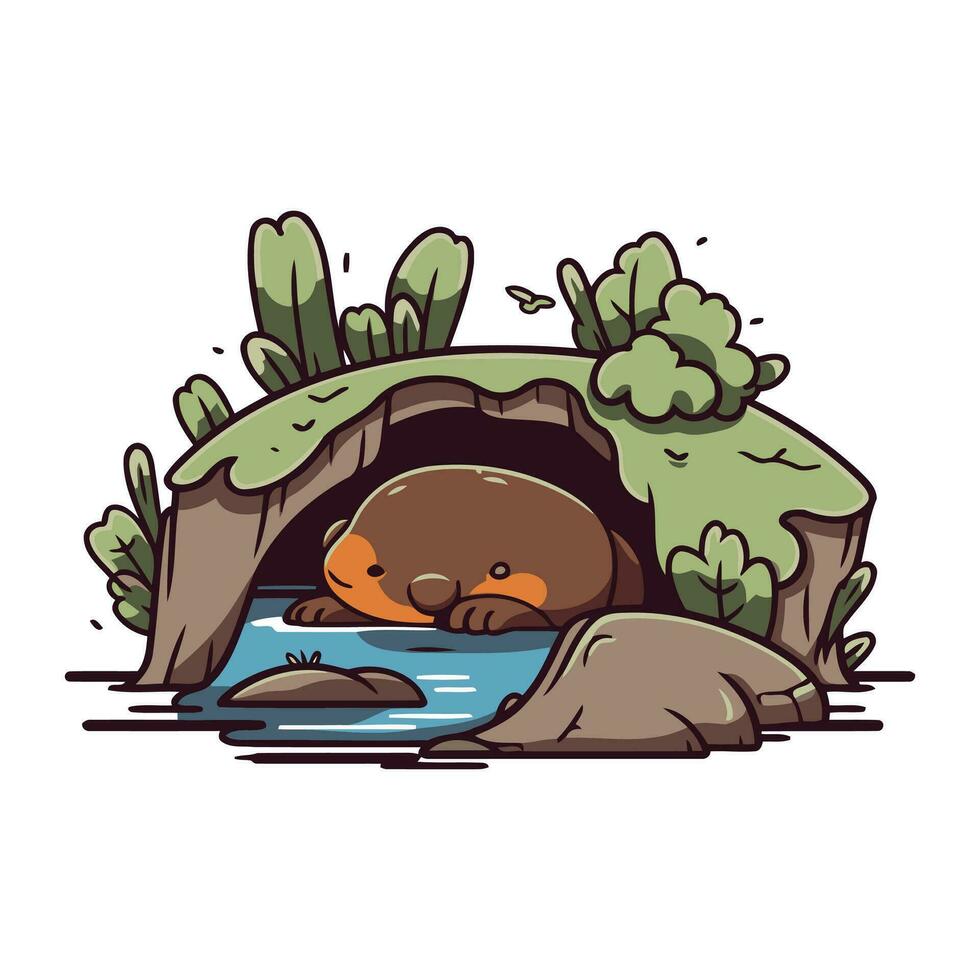 Cartoon bear sleeping in a cave. Vector illustration for your design