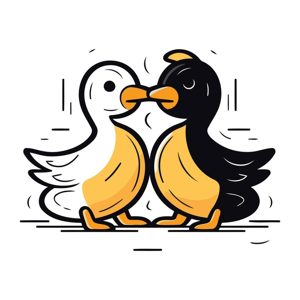 Cute penguin couple isolated on white background. Vector illustration.