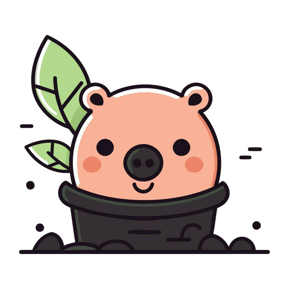 Cute little bear in a pot with a plant. Vector illustration.