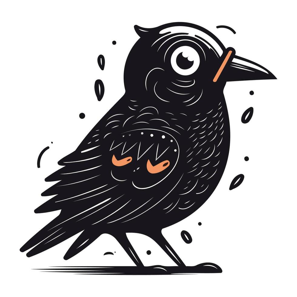 Cute black crow. doodle hand drawn vector illustration.