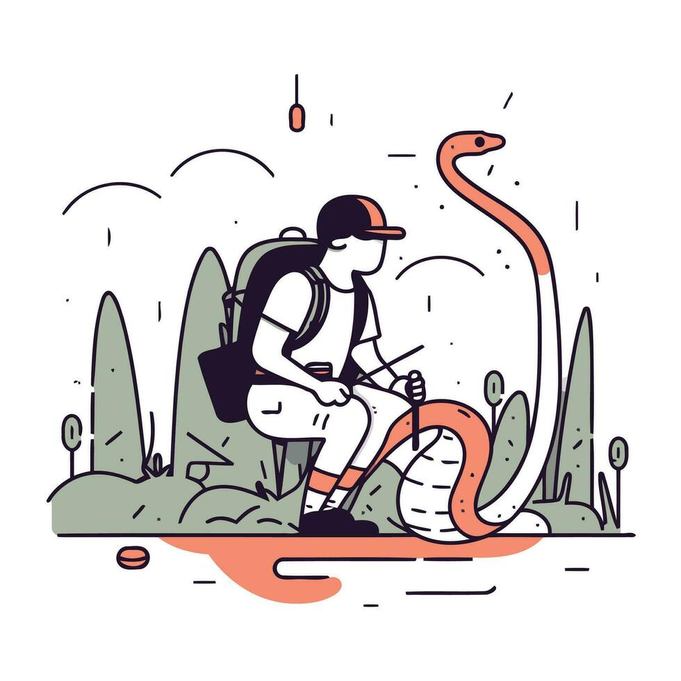 Vector illustration of a man with a backpack and a snake in the park.