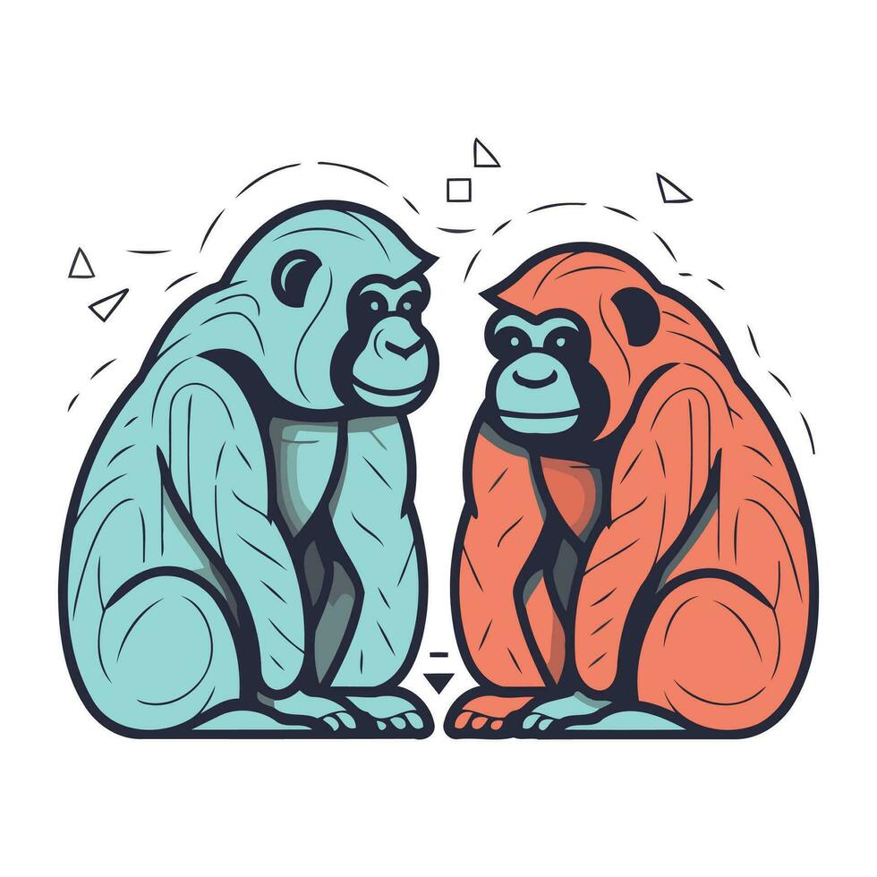 Gorilla and monkey. Vector illustration in line art style.