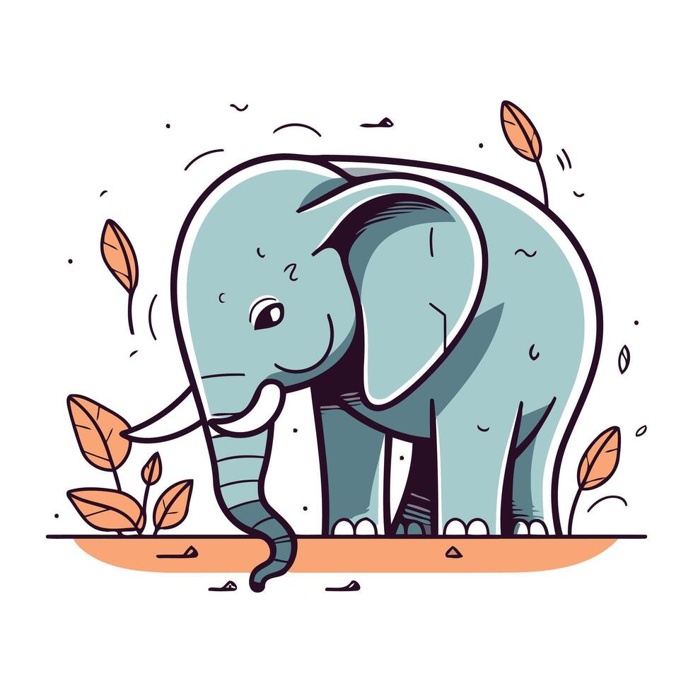 Vector illustration of an elephant standing on the ground and eating leaves.