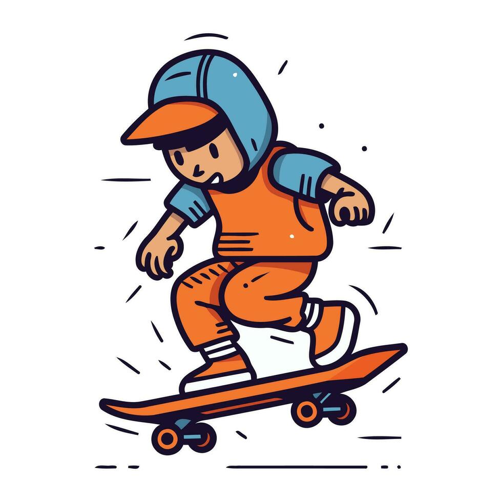 Skateboarder in cap rides on skateboard. Vector illustration.