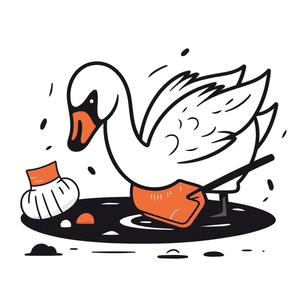 Swan swimming on a lake. Vector illustration in doodle style.