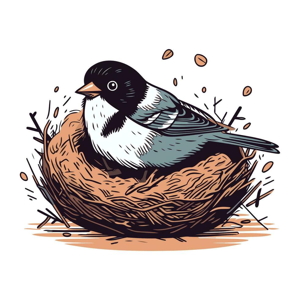 Chickadee bird in the nest. Hand drawn vector illustration.