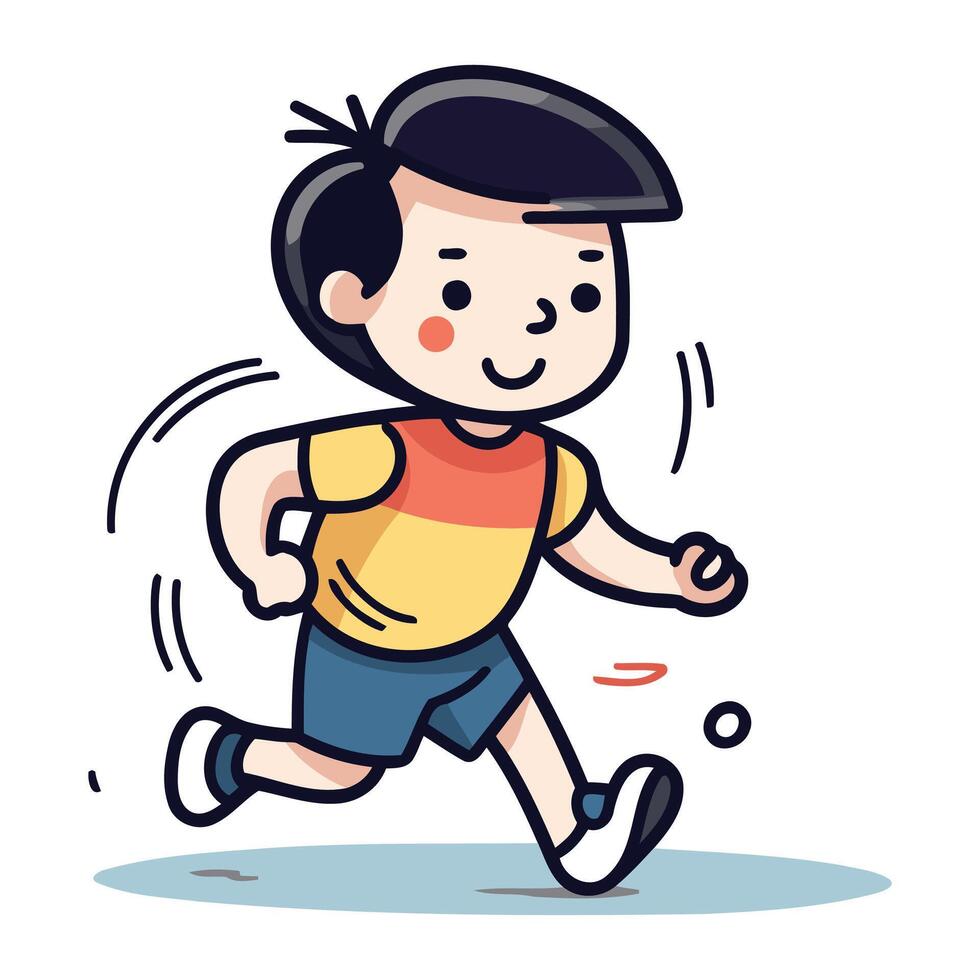 Running boy vector illustration. Cute cartoon little boy running and jogging.