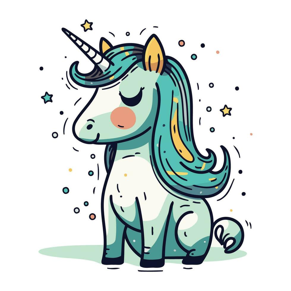 linda mano dibujado unicornio. vector ilustración en garabatear estilo.