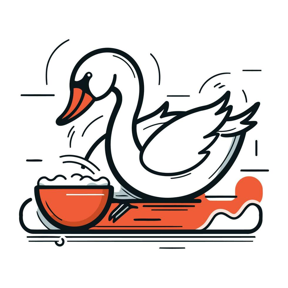 cisne con cuenco de arroz. lineal estilo. vector ilustración.
